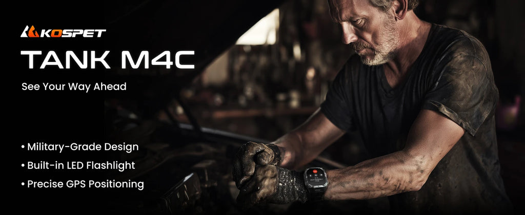KOSPET TANK M4C Advanced GPS Smartwatch for Men MIL-STD-810H Tough 5ATM Waterproof Integrated Flashlight & Health Tracking