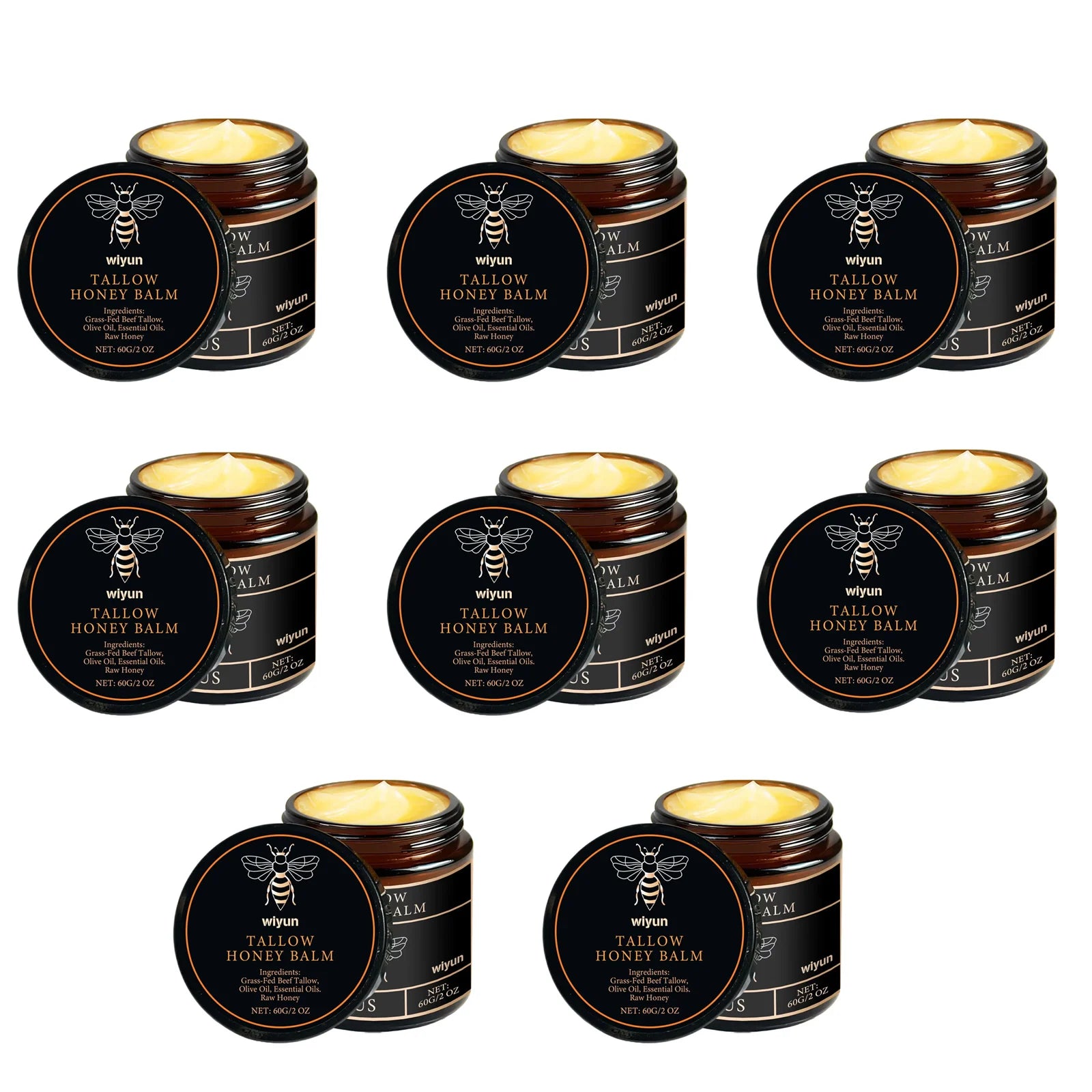 Multiple tallow honey balm jars arranged in a grid, each with a round black label lid.