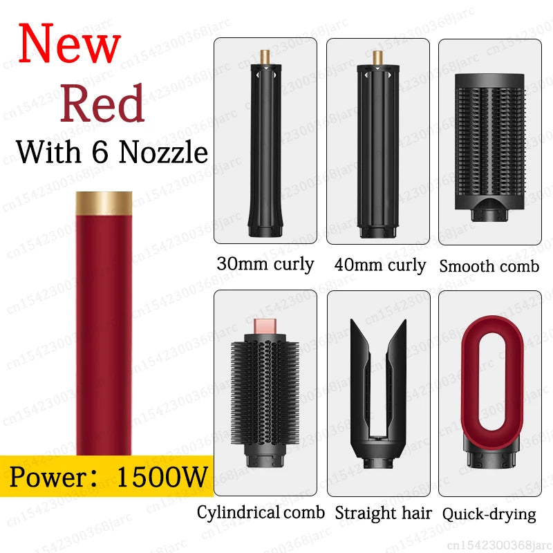 Red SenCiciMen 6-in-1 hair styler, 1500W hot air brush with curling barrels, smooth comb, and dryer attachment.