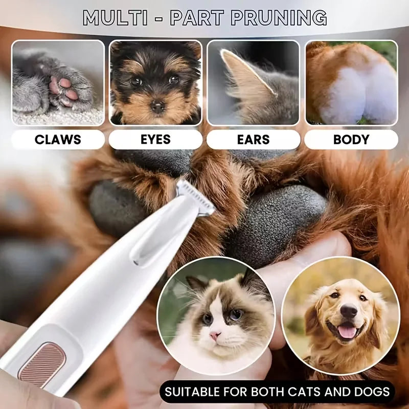USB electric pet hair trimmer for grooming cat and dog paws, eyes, ears, and face with precision shaver head.