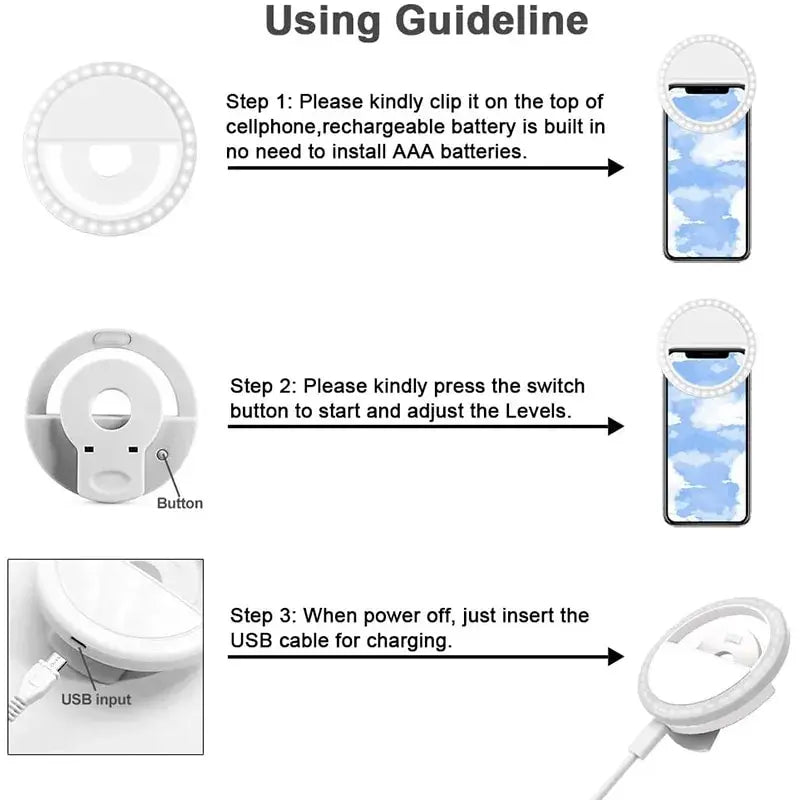 White circular clip-on LED selfie ring light showing usage steps for attaching to a phone, adjusting levels, and