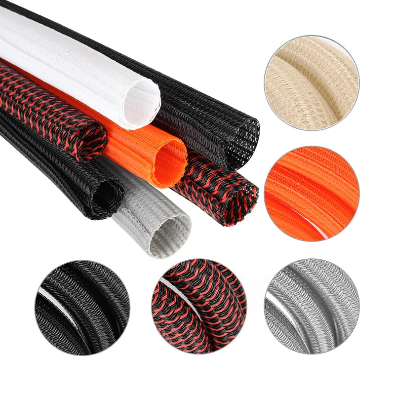 Self-closing PET cable sleeve to protect wires from pet chewing. Heat-resistant, split braided wrap in multiple colors.