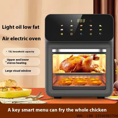 Gray air electric oven with digital touch panel and lit window showing roast chicken