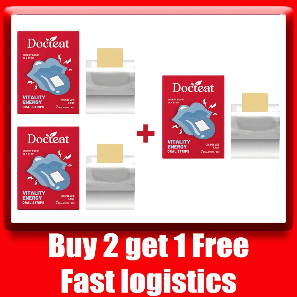 Tidesmit Docteat Men's Vitality Energy Supplement: mild formula, dissolvable oral strips for daily energy boost.