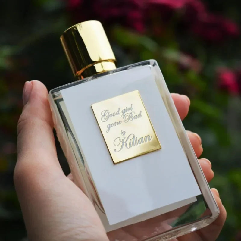 Kilian Good Girl Gone Bad EDP: Unisex 50ml niche fragrance in square glass bottle with gold cap and label. Floral scent.