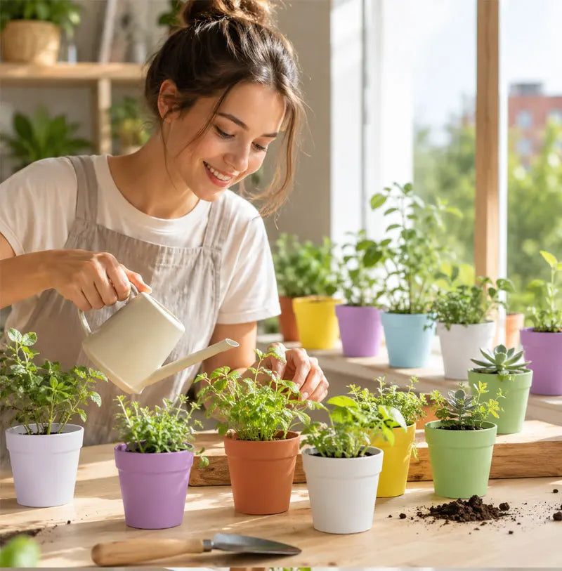Mini plastic flower pots with planted succulents in assorted colors, ready for DIY decorating