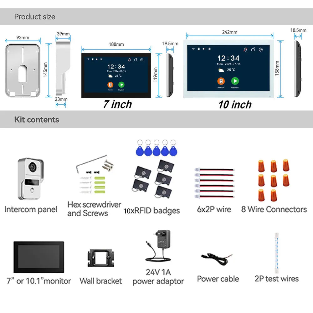1080P 7/10 Inch Touch Screen 2 Wire Video Doorbell Tuya Home Video Intercom System IC Card APP Unlcok with Electric Strike Lock