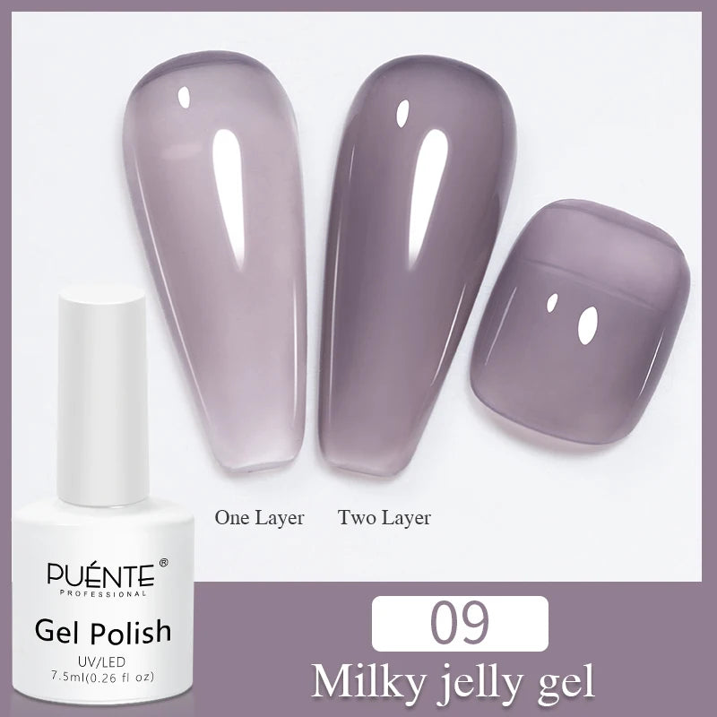Milky jelly UV/LED gel polish in shade 09, a sheer purple, shown in 7.5ml bottle with one and two-coat swatches.