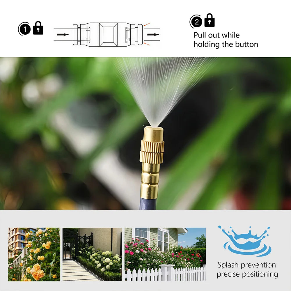 Brass spray outlet on PE hose with control-style quick connectors for watering