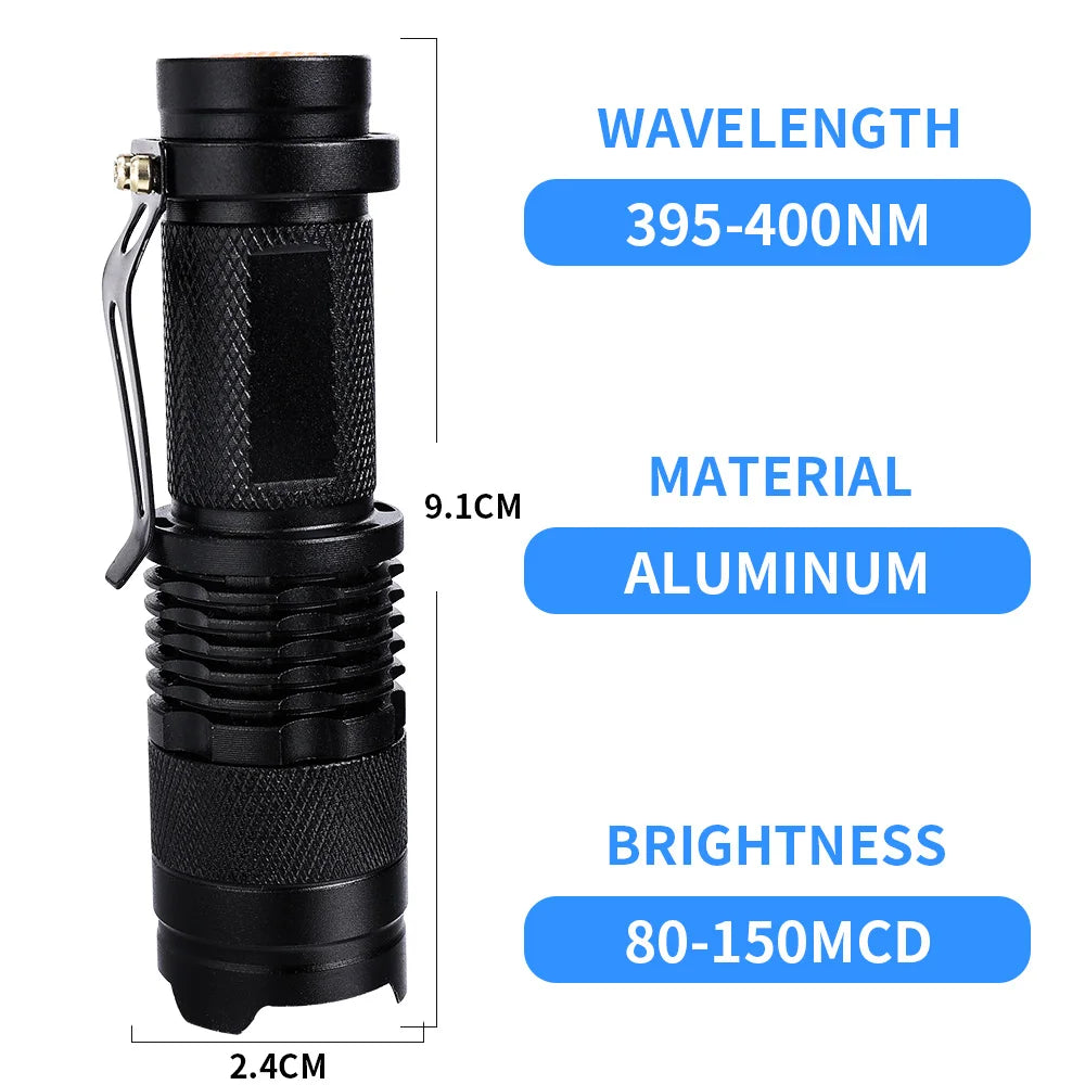 Compact black aluminum UV flashlight for detecting pet urine stains, 9.1cm portable lamp with 395nm wavelength.