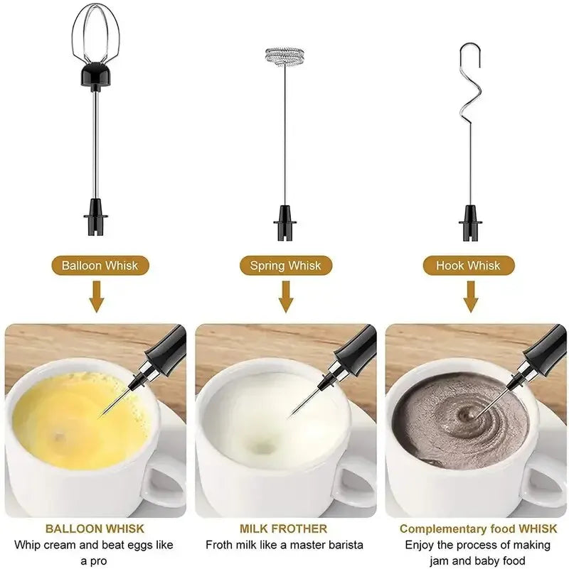 Set of 3 stainless steel whisk attachments for handheld milk frother: balloon, spring, and hook styles.