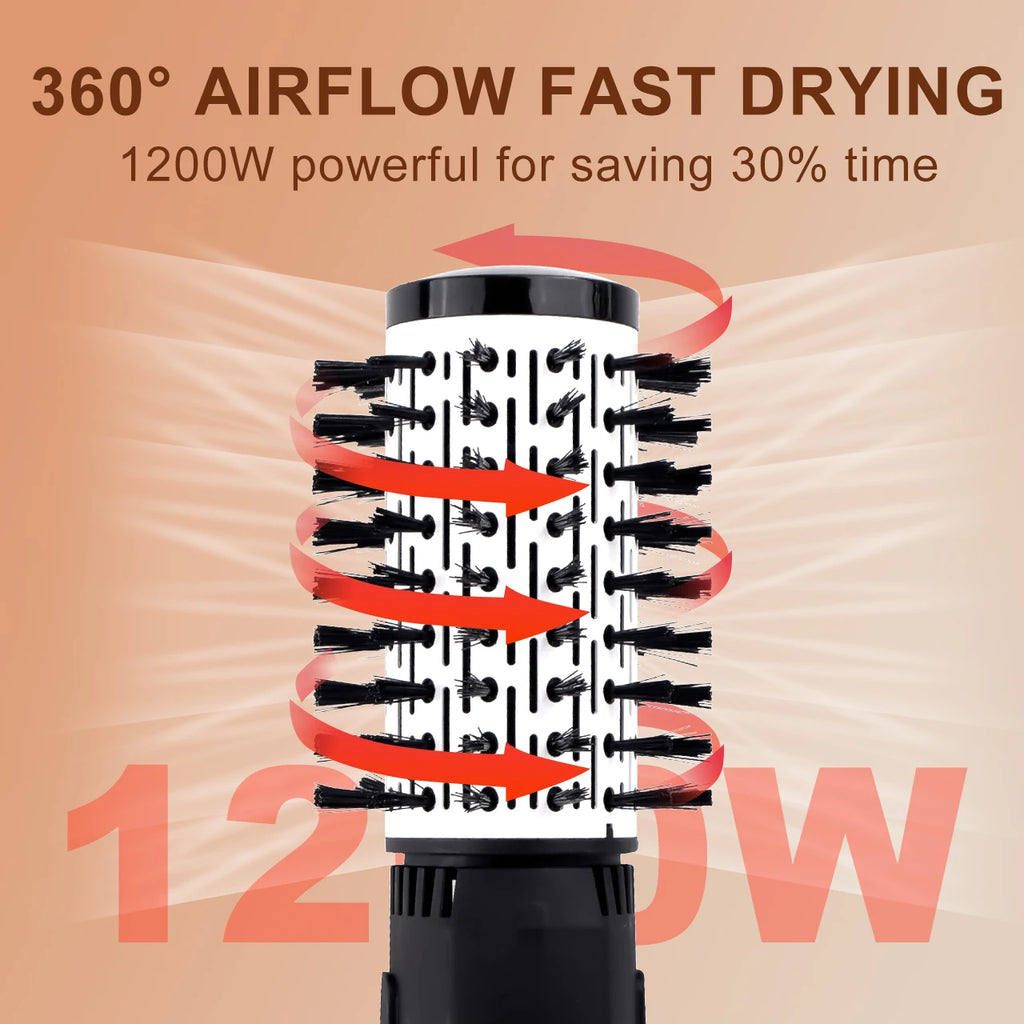 Hatteker 1200W hot air brush with 360° airflow, round hair dryer styling brush for fast drying and curling.