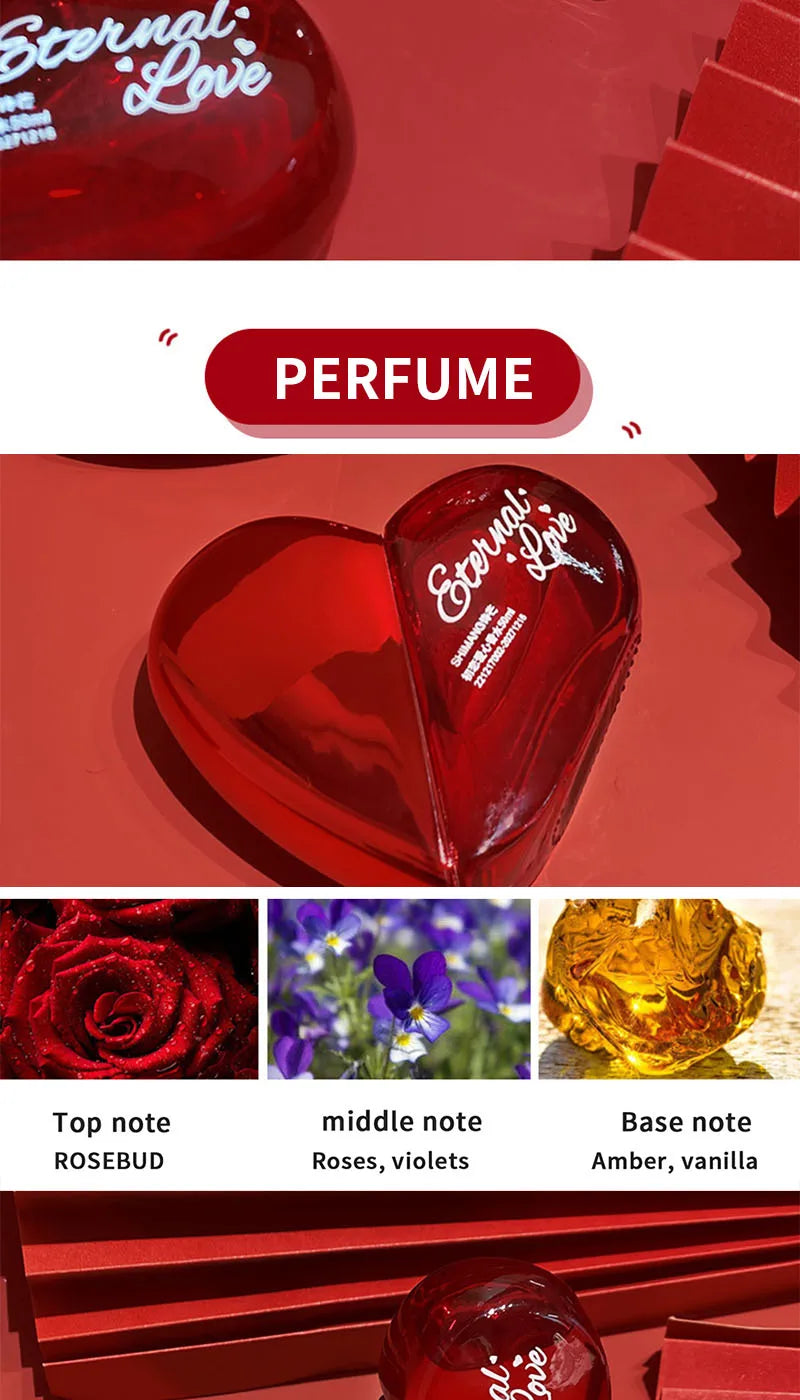 Shimang Eternal Love EDP for women: Heart-shaped red bottle, rose, violet, amber, vanilla floral scent. Vegan spray.