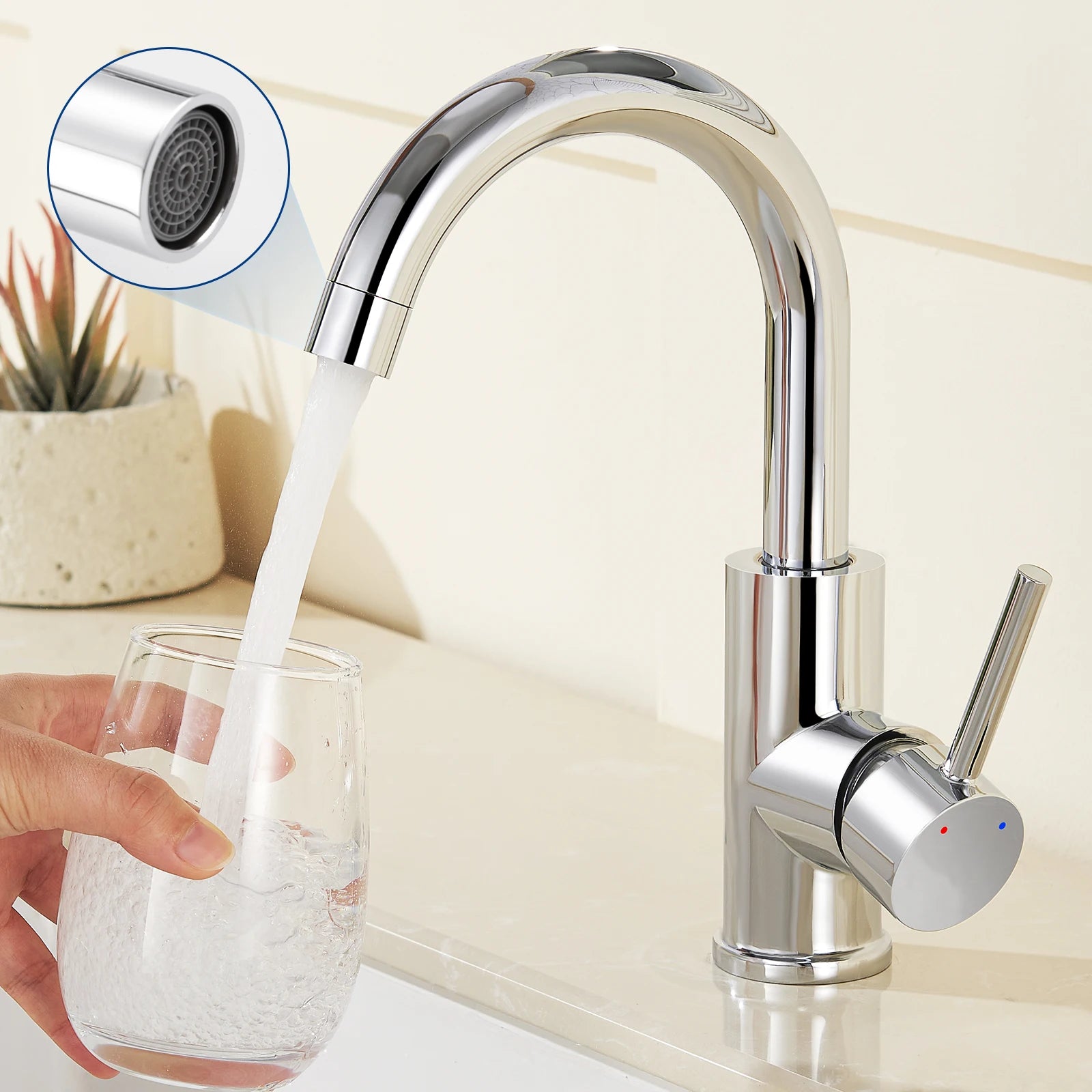 Low-pressure mixer tap – single-handle bathroom mixer tap with a top spout (187 mm) – 360° swivel – for washbasins and small kitchens