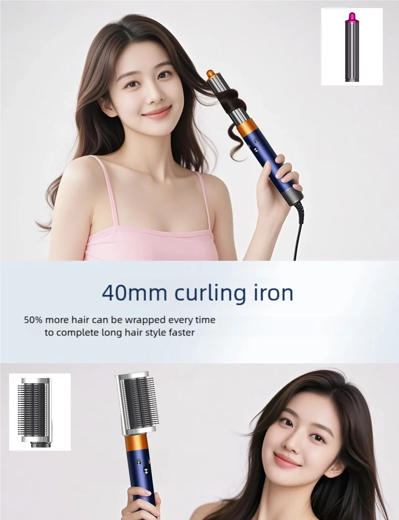 Woman using blue 6-in-1 high-speed ionic hair styler and 40mm curling iron attachment for fast, salon-quality styling.