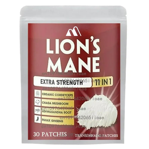 Lions Mane transdermal patches for immune support, alternative to adaptogen mushroom coffee in a 30 patch pouch.