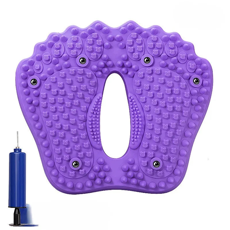 Purple inflatable foot-shaped massage mat with acupoint nodules and magnetic beads, shown with a blue manual air pump.
