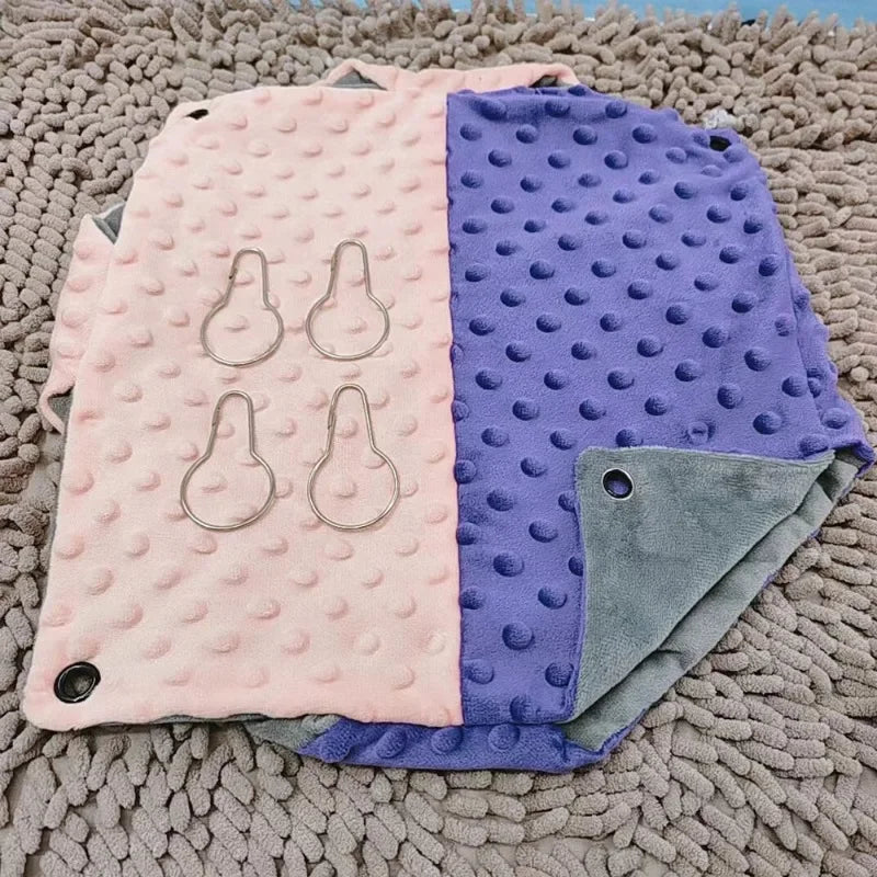 Double-thick, soft plush hanging hammock for guinea pigs or squirrels. Contrast purple and pink cozy pet cage bedding.