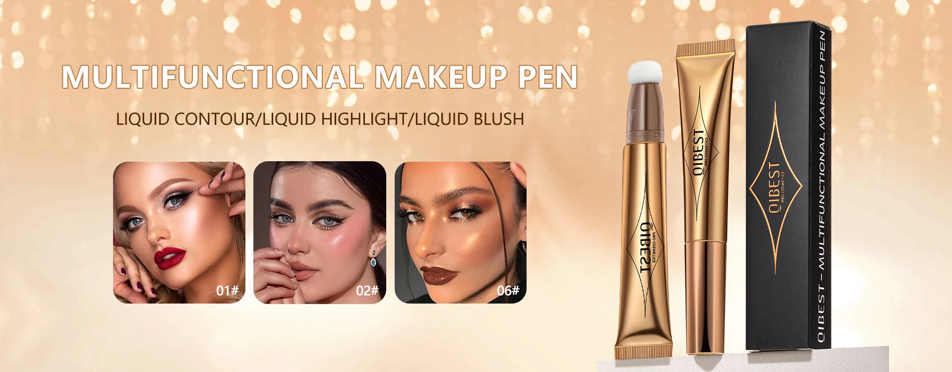 Qibest multifunctional makeup pen set for liquid contour, blush, and highlight with models showing matte lip looks.