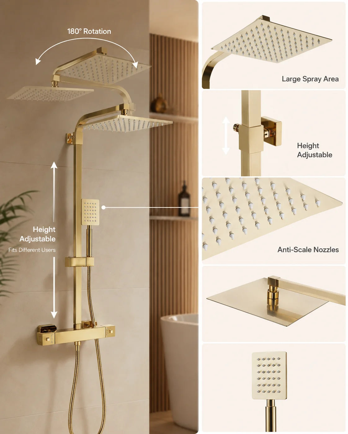 Thermostatic Shower System with Rain Shower Head, Gold Brass Shower Column Set, 304 Stainless Steel 180° Rotating Overhead Shower, 2-Button Temperature Control 0-176°F, Height Adjustable, Anti-Tangle Hose, for Hotel Home KT