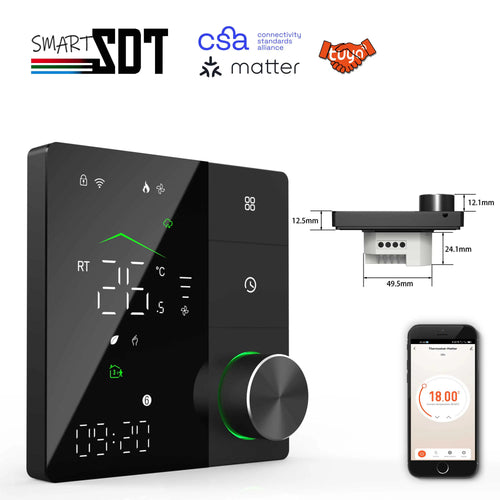 Smart heating thermostat with touchscreen and round knob, shown with phone control app