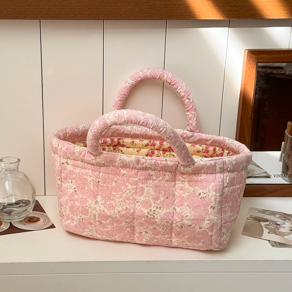 Airfriend Cute Pink Flower Organizers Basket With Handle Home Room Quilted Foldable Storage Basket For Pet Toys Organizer Basket