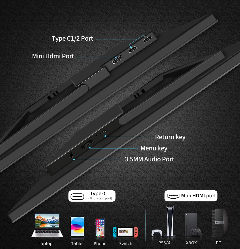 HGFRTEE16" FHD Portable Touch/No Touch monitor External Display IPS  USB C mini-HDMI for Laptop Mac PC Xbox PS Switch With VESA