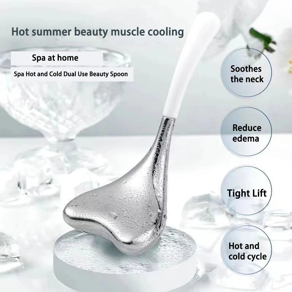 Stainless steel cryo gua sha tool with a white handle, shown on ice with promotional text and icons.