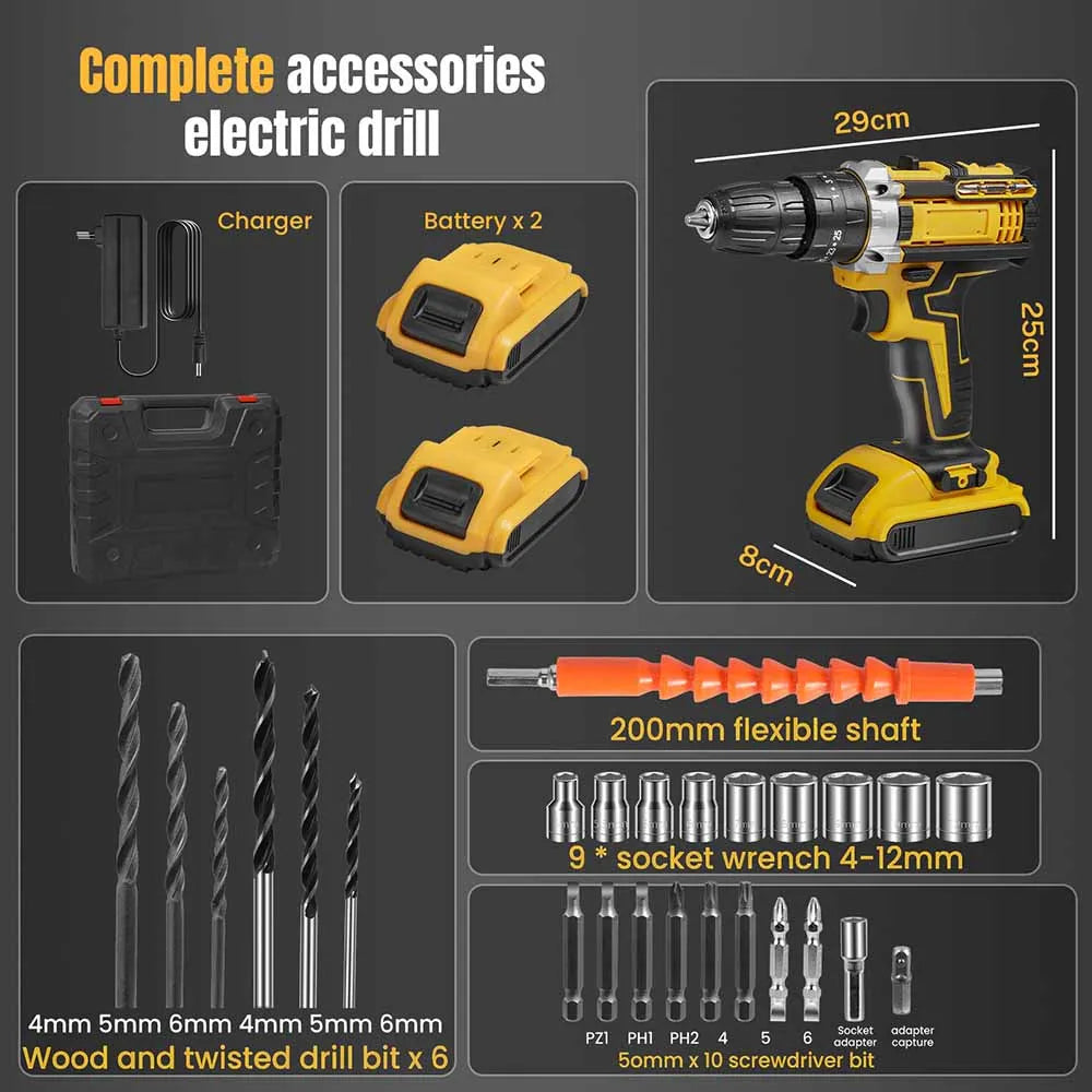 Cordless Impact Drill 1800RPM Electric Screwdriver & Hammer Drill 3-in-1 Mini Wireless Hand Drill, Rechargeable Power Tool for Household Installation and Repair