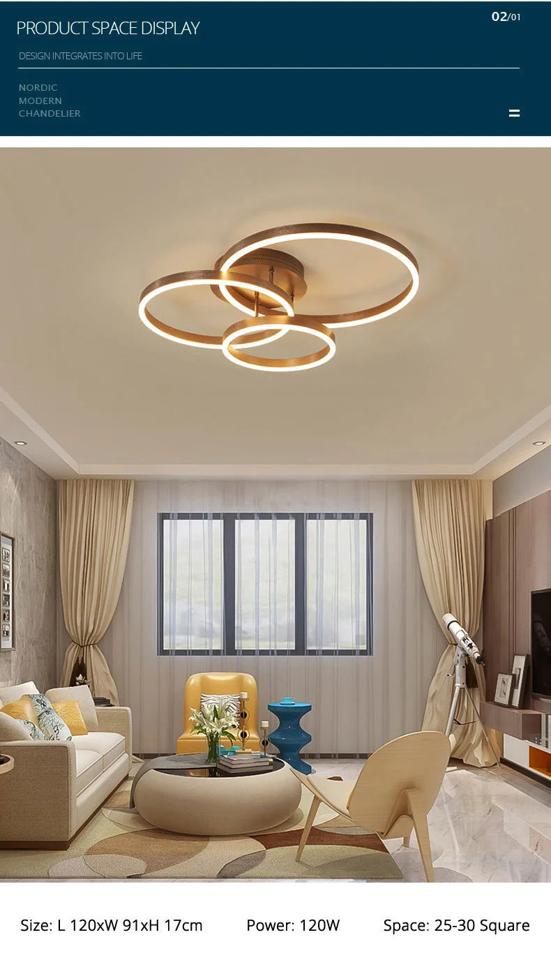 Nordic Creative Led Circle Chandeliers Bedroom Living Dining Room Lighting Chandelier Golden Brown Glossy Lamp Home Indoor Lamps