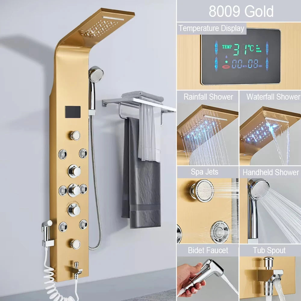 LED Light Shower Faucet Bathroom SPA Massage Jet Shower Column System Waterfall Rain Shower Panel Bidet Sprayer Tap
