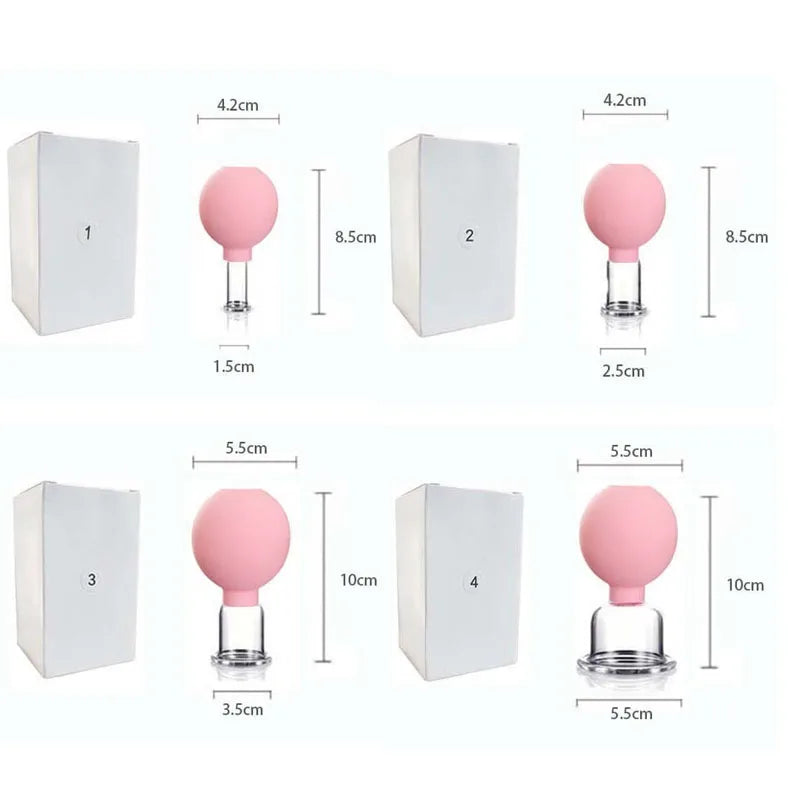 Four sizes of facial cupping sets, each with a pink rubber suction bulb and clear glass base, labeled with dimensions.