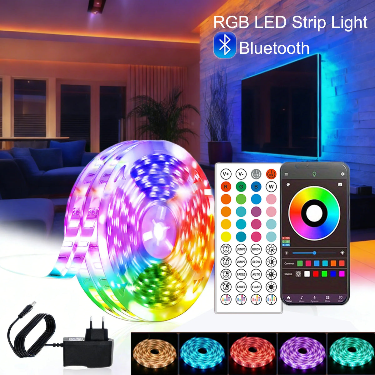 RGB LED strip light reel kit with app control phones and power adapter