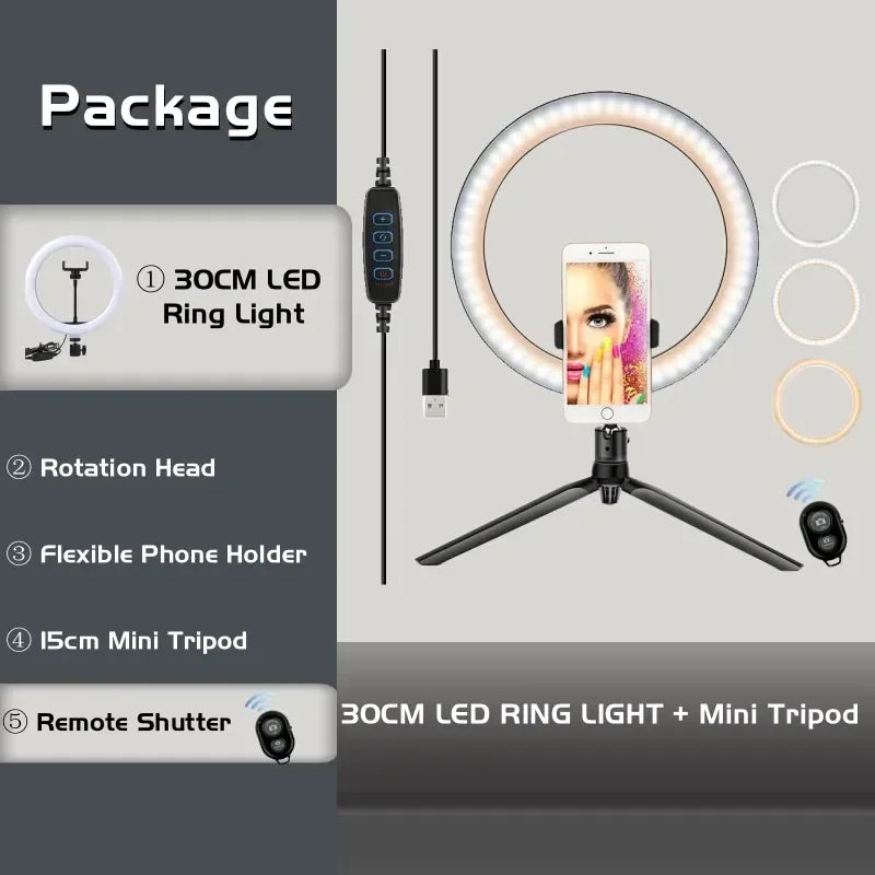 30cm LED ring light kit with a 15cm mini tripod, smartphone holder, rotating head, and remote shutter for photography.