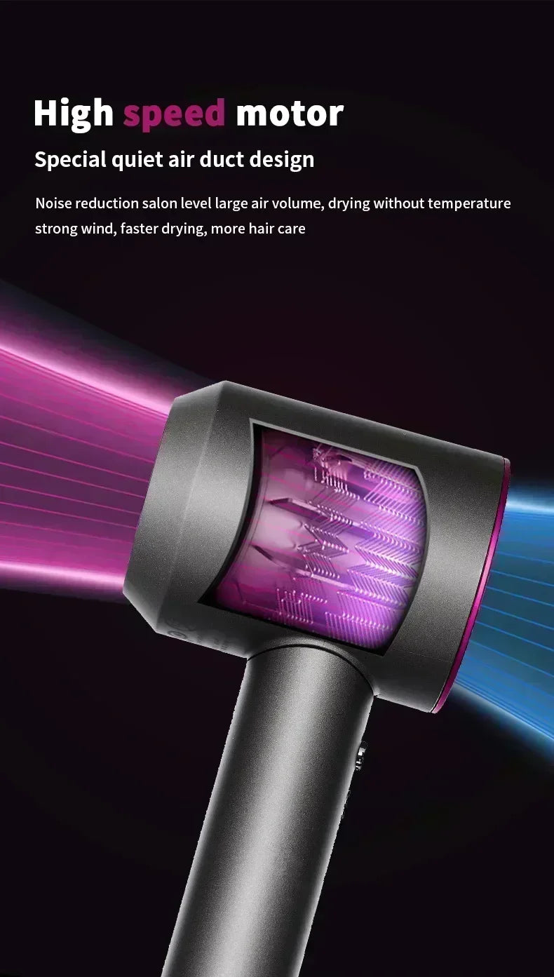 Grey ionic hair dryer with purple accents, featuring high-speed motor and quiet air duct design for fast, safe drying.