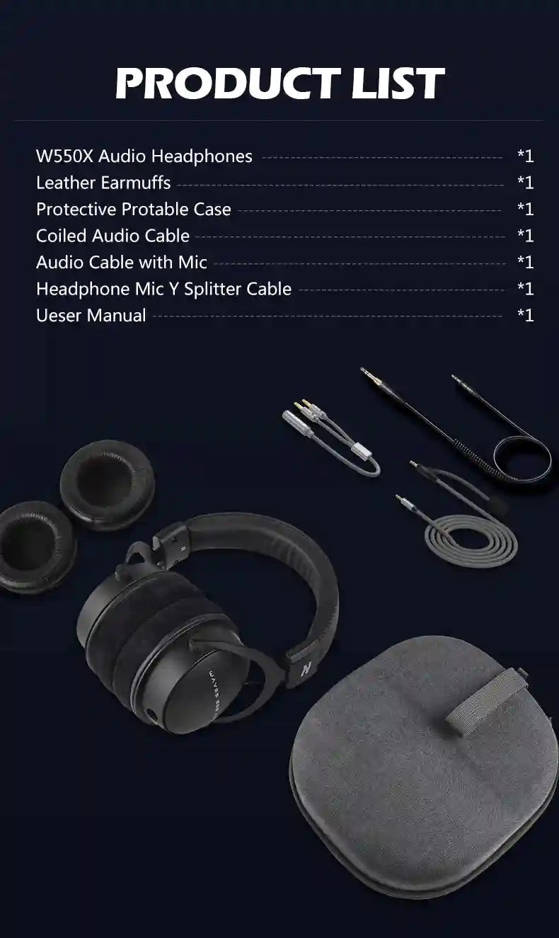Wired Studio Headphones Over-Ear Monitor - Detachable Cable (W550x) Tidesmit