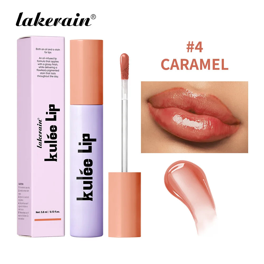 Lakerain Kulfée Lip Oil #4 Caramel: Non-sticky, moisturizing lip gloss with a smooth, glossy finish and applicator.
