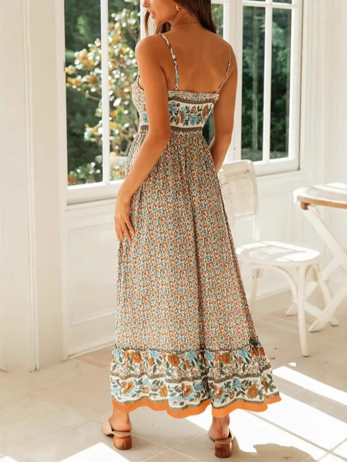 Happie Queens Women Fashion Strapless Bohemian Maxi Dress Lady Summer Vacation Beach Boho Dress Robe