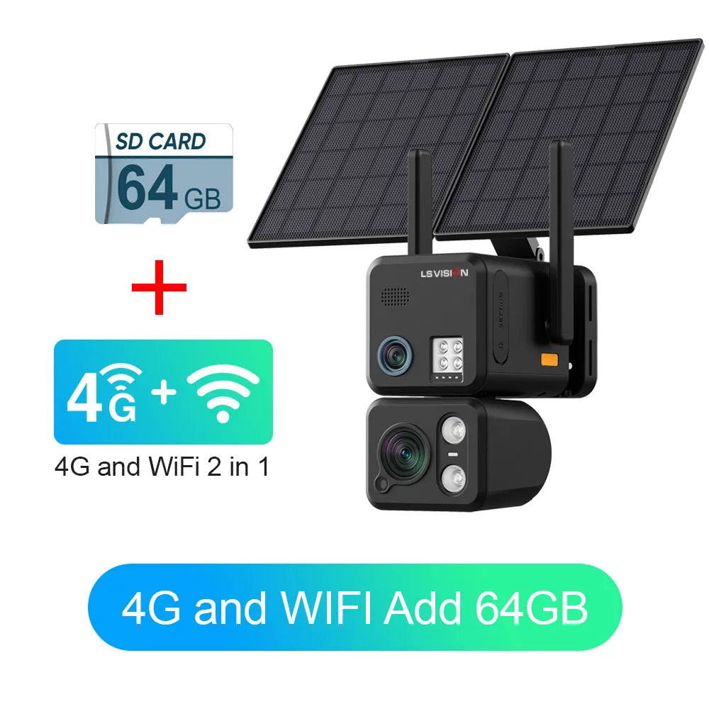 4G WiFi outdoor security camera with dual solar panels, 64GB SD card