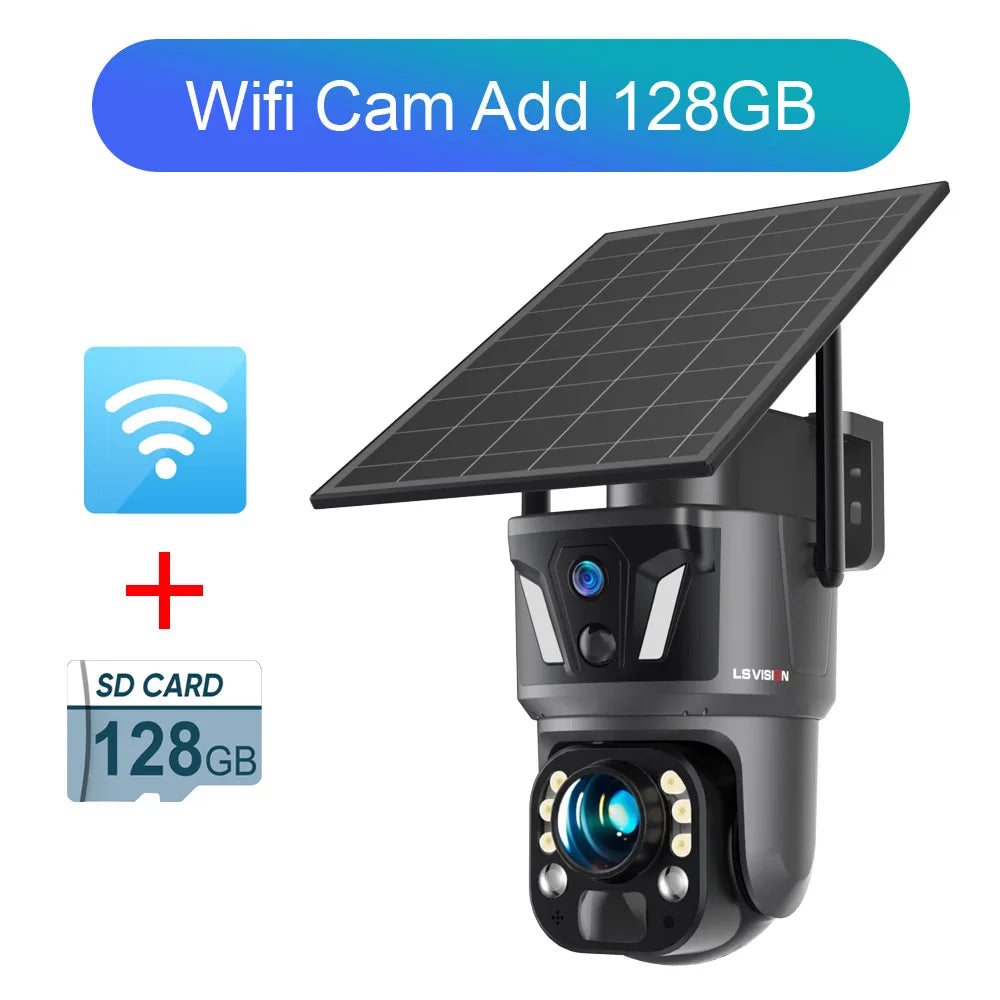 Solar PTZ security camera with WiFi, dark housing, solar panel, SD card 128GB