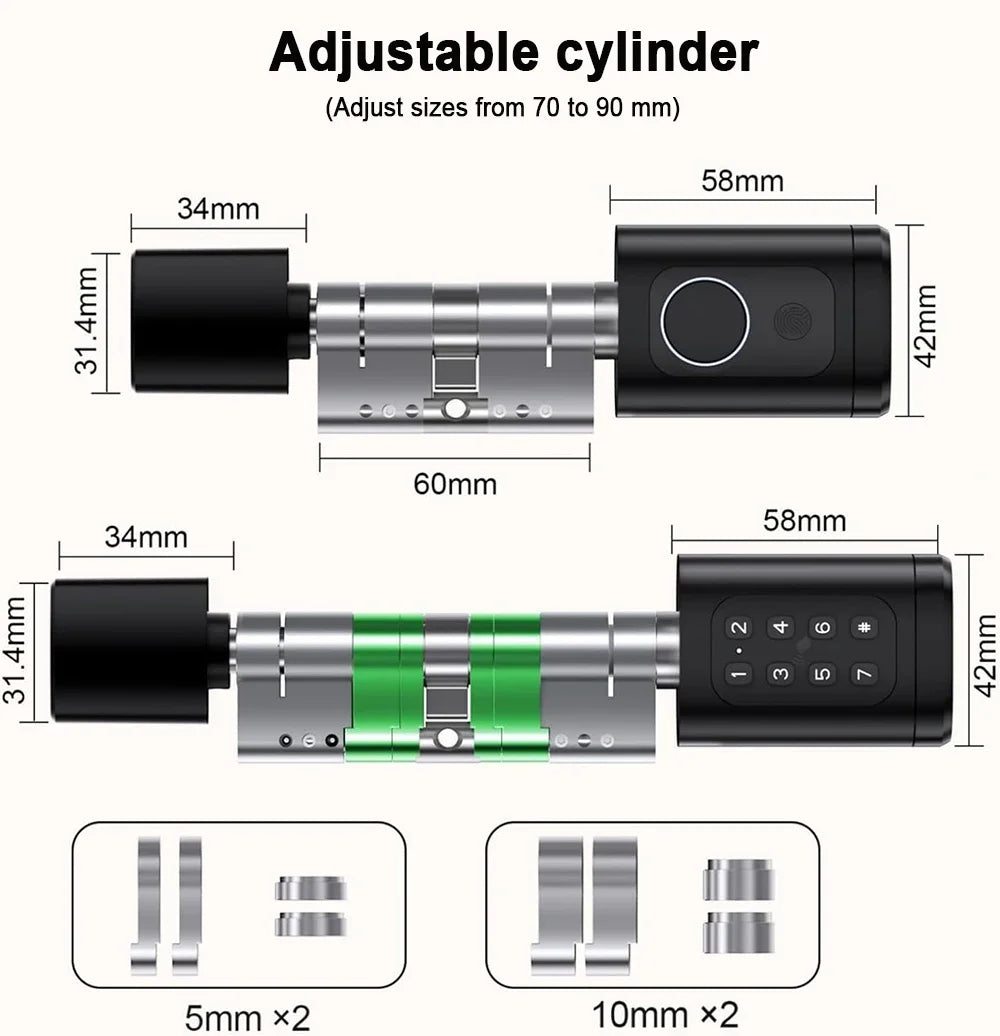 Fingerprint Smart Lock Code Cylinder with Bluetooth Tuya Smart Life App Remote Adjustalbe Cylinder Lock