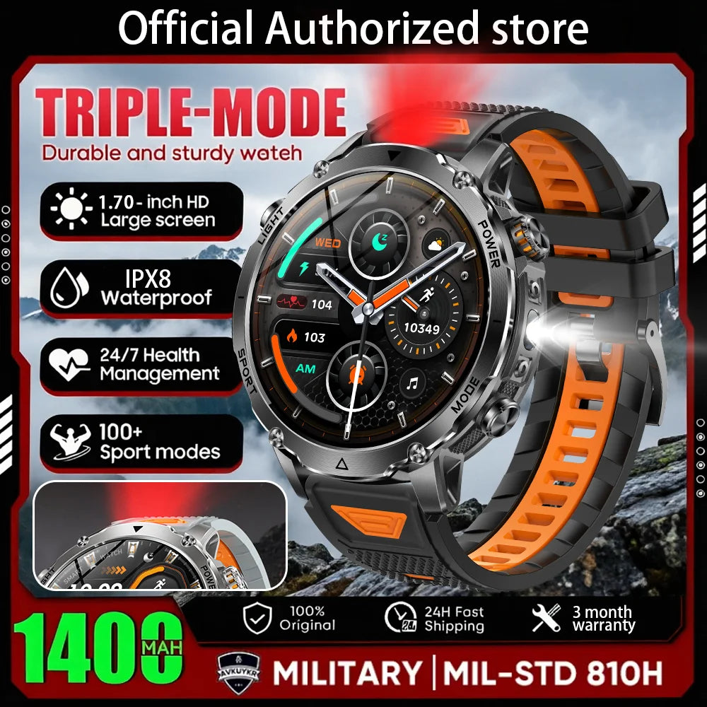Mil-SD style smartwatch with black case and orange silicone band, round HD display