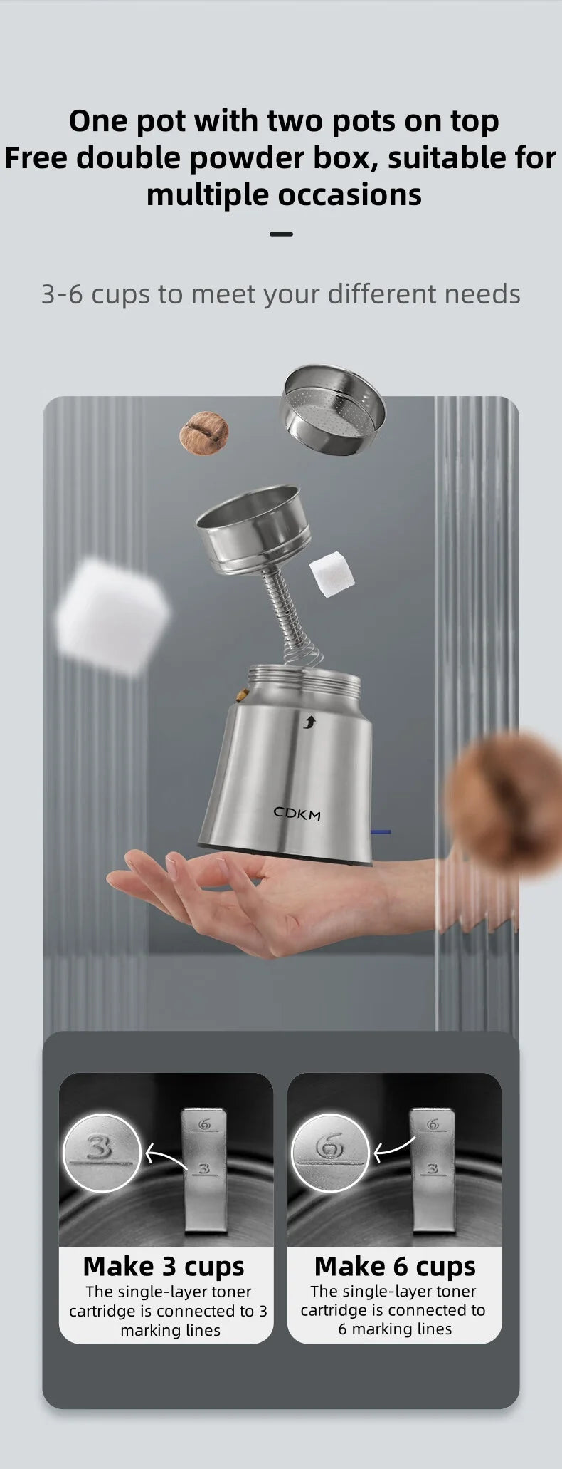 CDKM stainless steel Moka pot coffee maker with double powder box for 3 to 6 cup capacity.