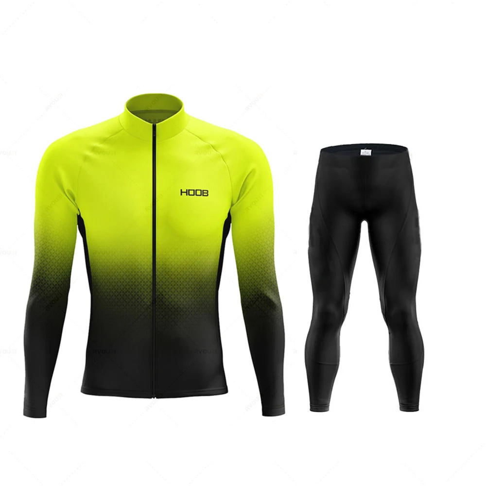 Tidesmit men's cycling set: long-sleeve jersey with neon yellow-to-black ombre fade and matching black thermal leggings.
