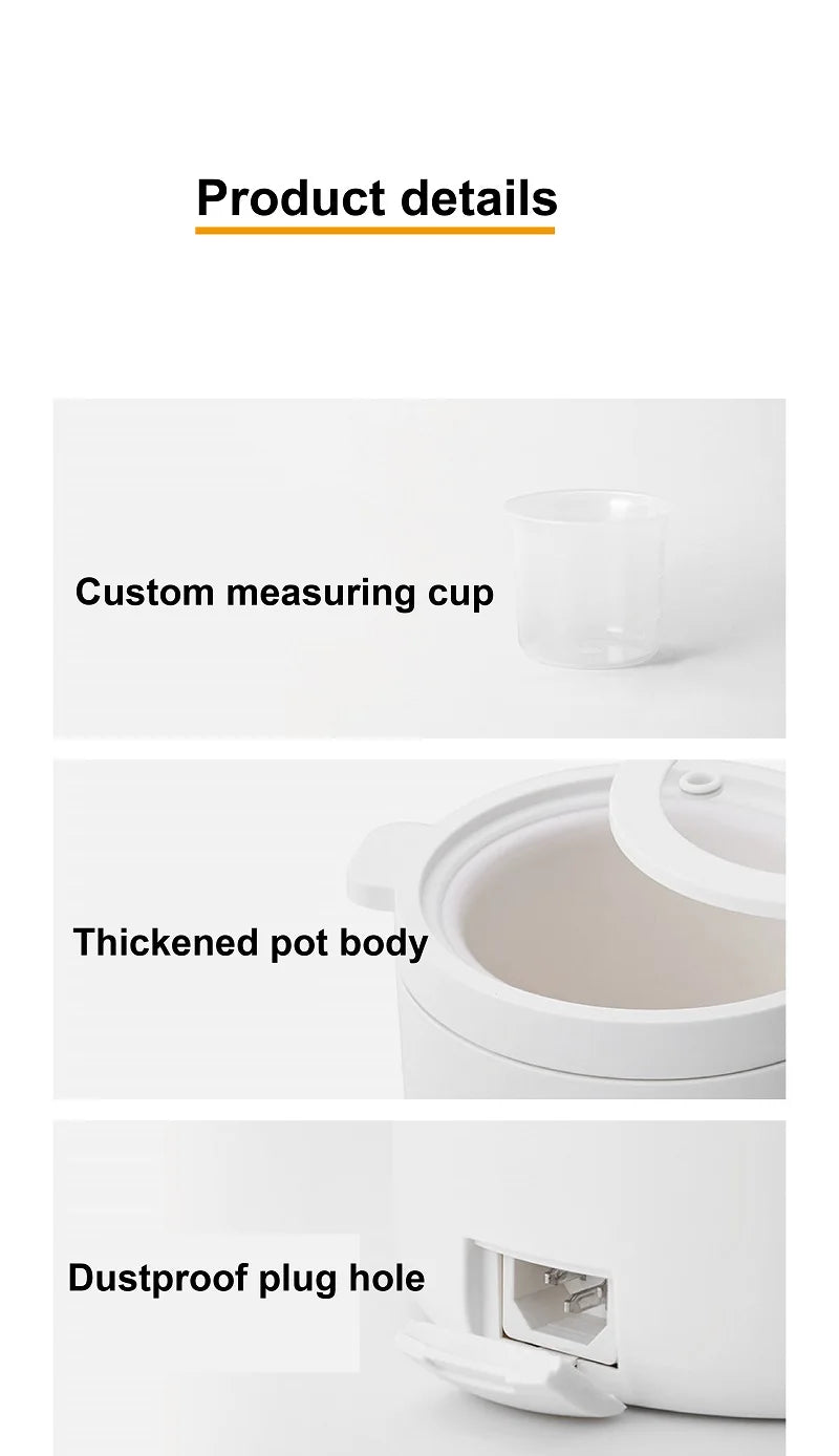 Electric rice cooker details: custom measuring cup, thickened pot body, and plug hole