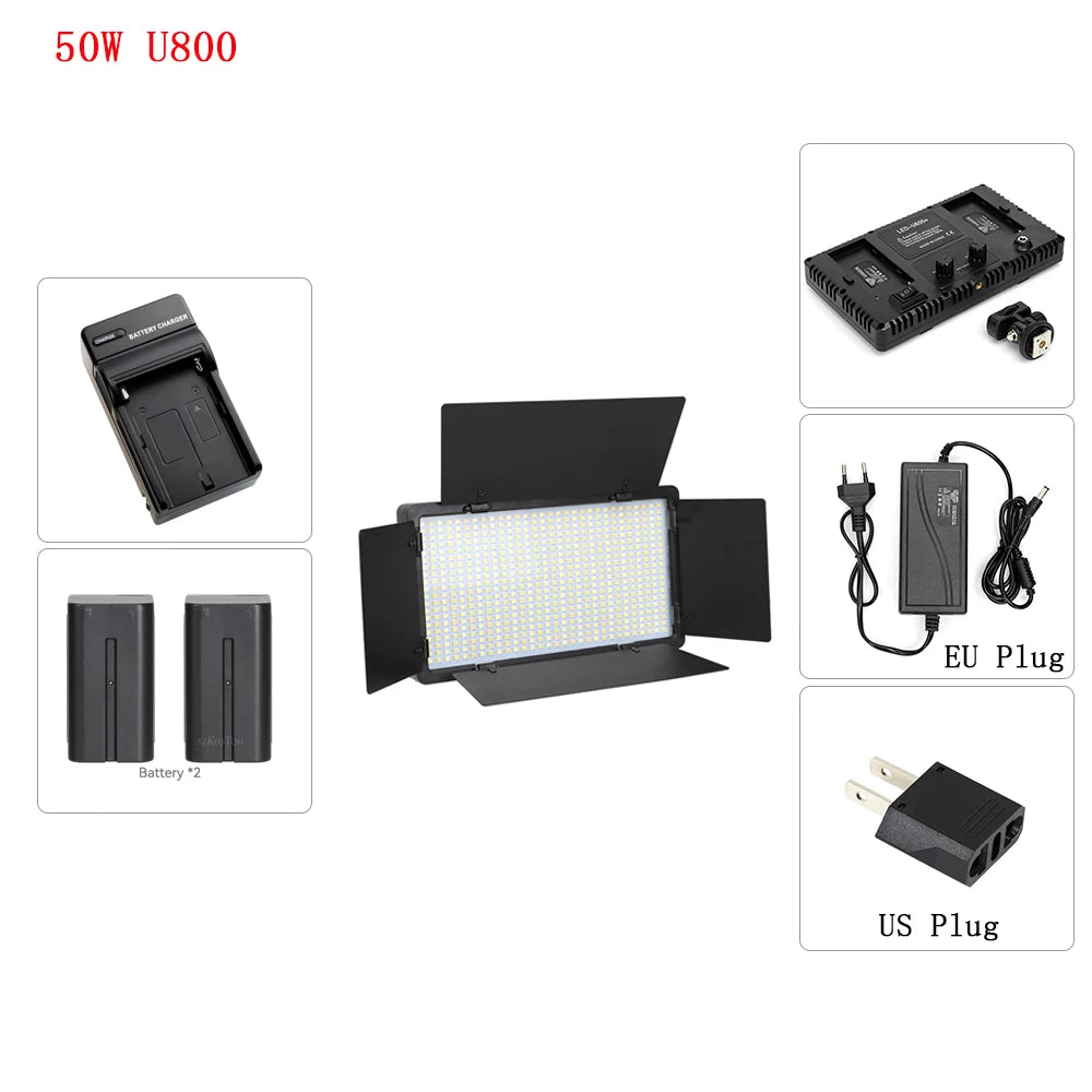 50W U800 LED video light panel with black barn doors, two batteries, charger, and EU/US power adapters.