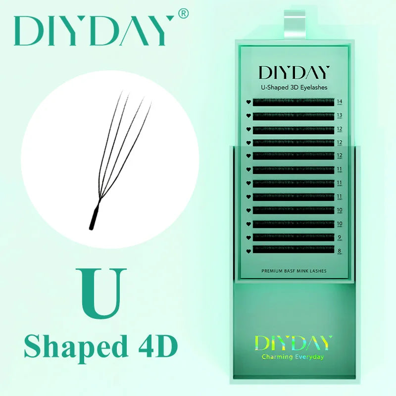 DIYDAY U-shaped faux mink lashes in a professional tray with varying lengths, featuring a 4D premade fan detail.