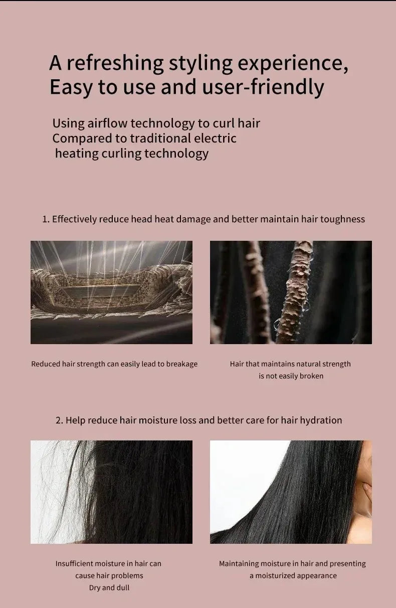 SenCiciMen 6-in-1 hot air styler infographic showing heat damage reduction and hair hydration benefits for healthier hair.
