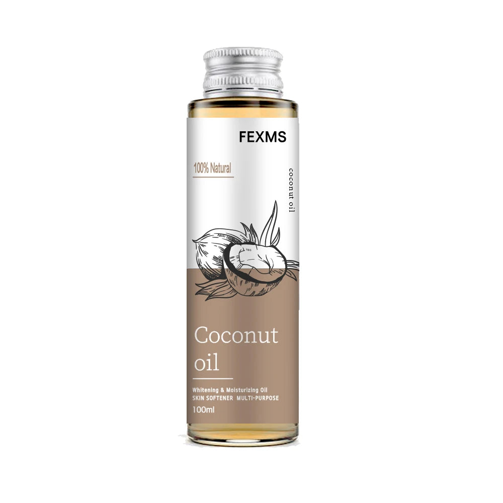 Coconut oil bottle, 100ml, FEXMS, amber oil in clear glass