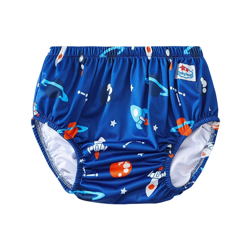 Babyland blue space-themed reusable baby swim diaper with rocket and planet print for infants.